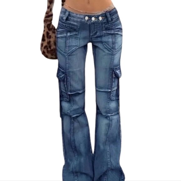 Low-Rise Cargo Jeans Flat Pocket Streetwear Inspired Size Large - Picture 1 of 6